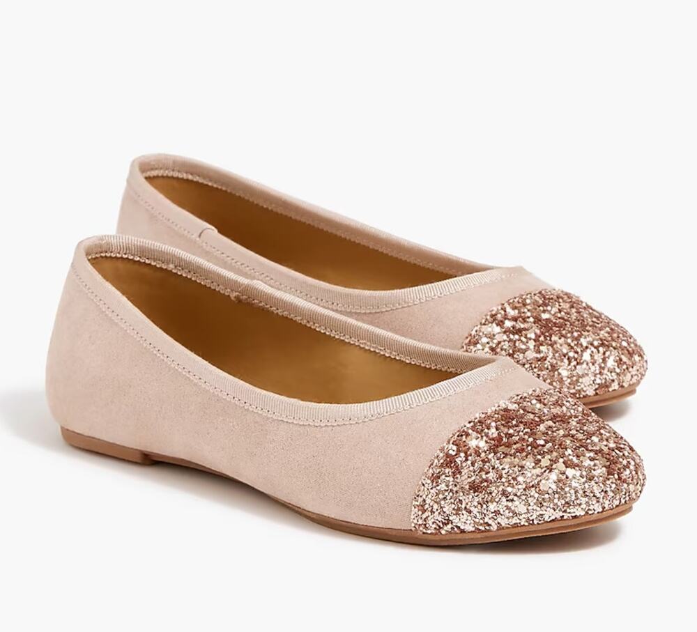NWT J. CREW Crewcuts Girls' Glitter Cap Toe Ballet Flats Tan Gold 4